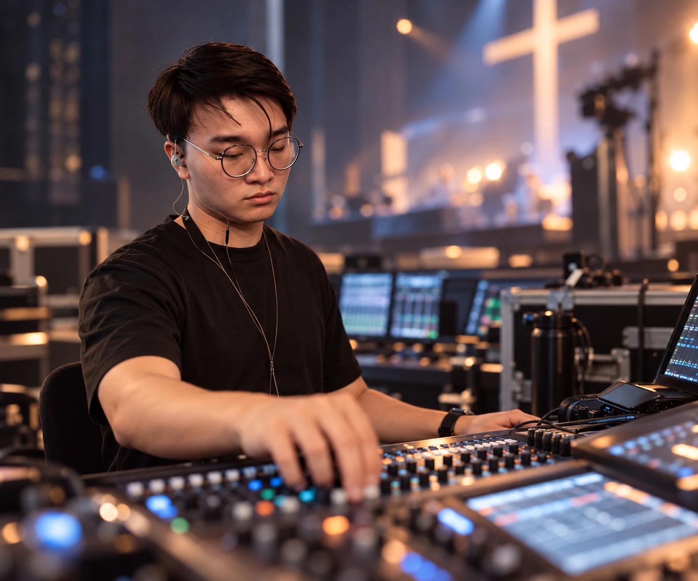 Portrait supplied in Matthew Low’s portfolio, showing him at an audio mixing desk.